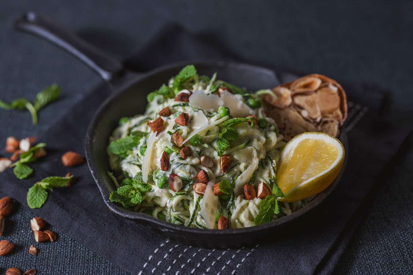 Almond and roasted garlic pasta sauce with zucchini zoodles